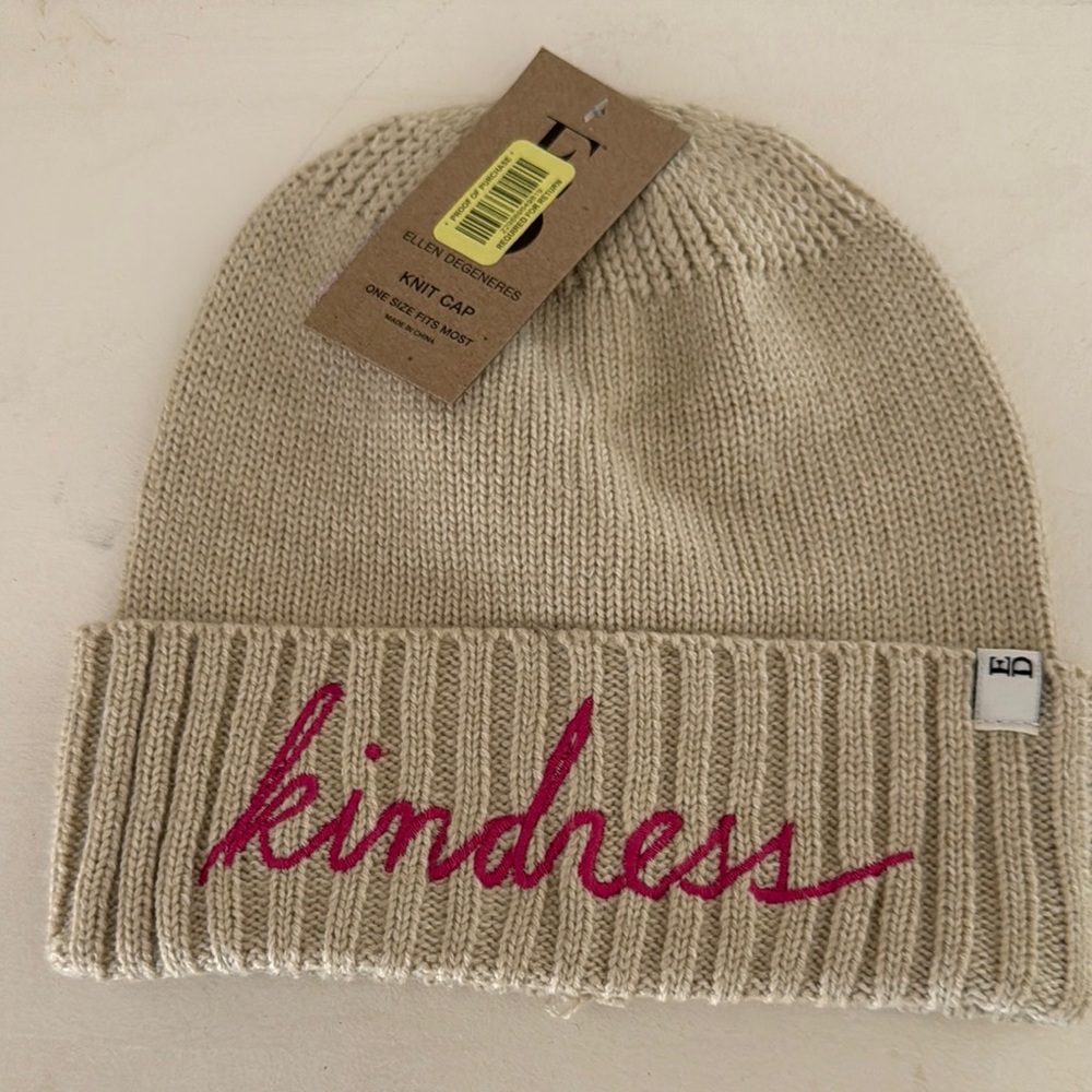 Ellen Degeneres Tan Knit Beanie with Pink 'Kindness' Embroidery